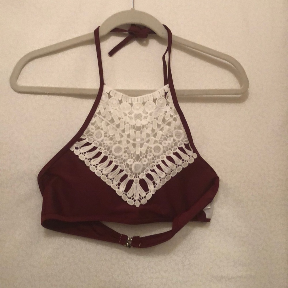 Wine colored Lace trimmed halter top bikini set.